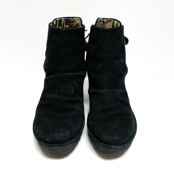 Fly London Yama Black Suede Wedge Back Lace Ankle Boots - Picture 2 of 8